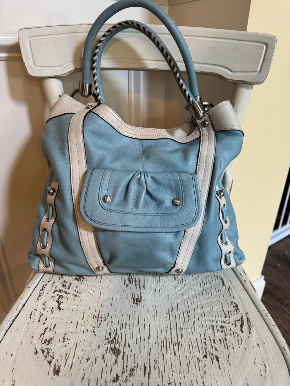 B. Makowsky Women's Light Blue and Cream Leather Tote Bag